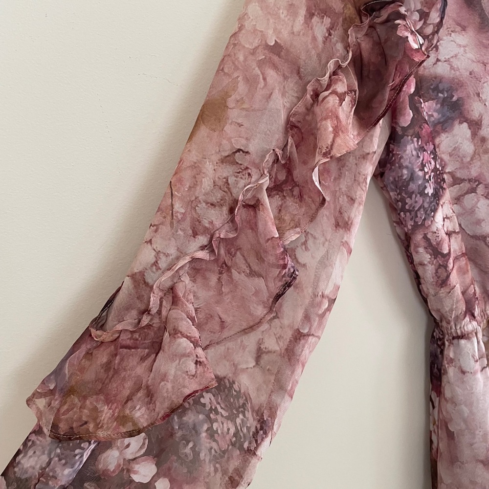 Floral Print Romper Chiffon‎ Ruffle Tie Neck Long Sleeve Women's Size M - Picture 9 of 13